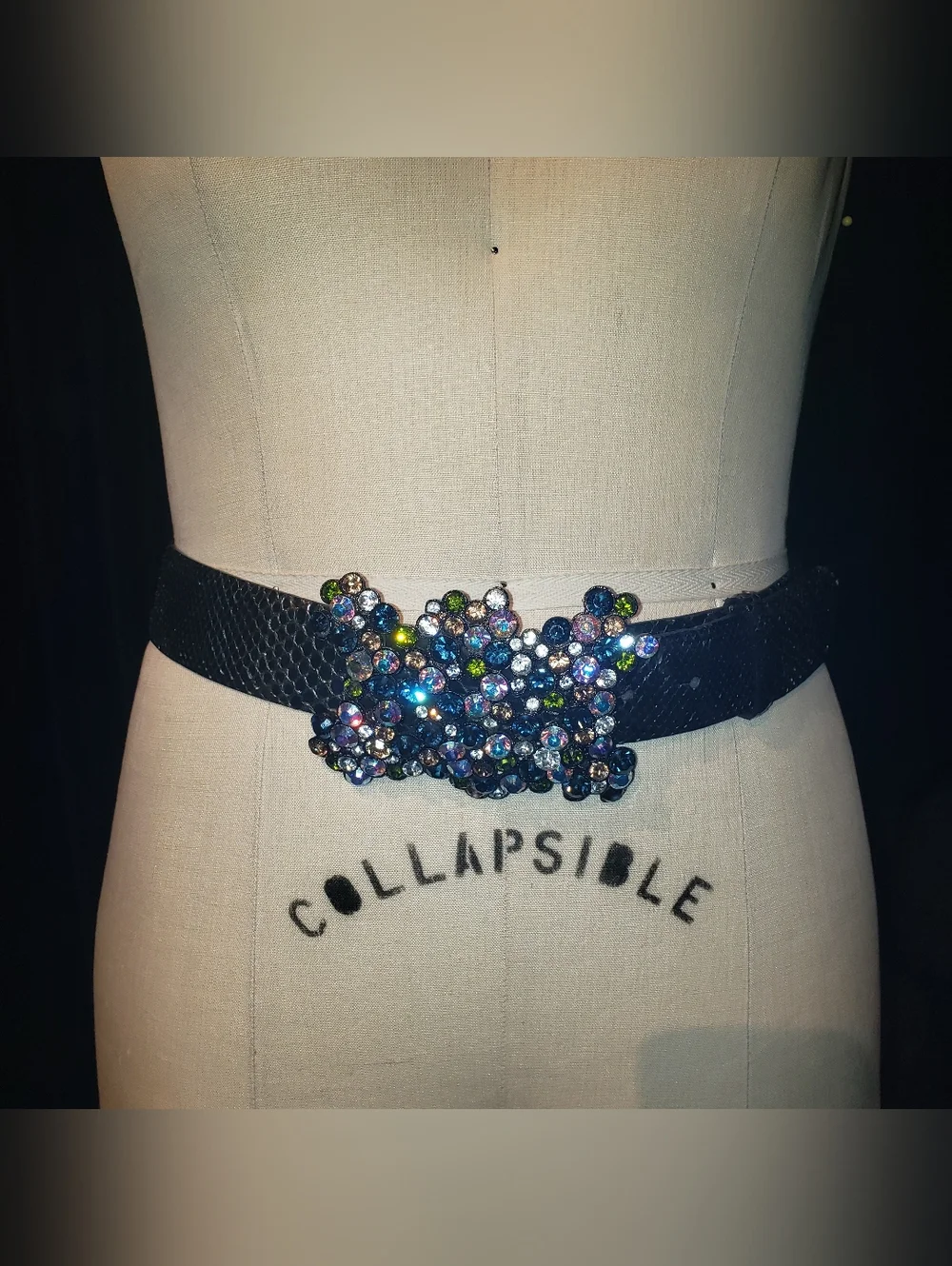 PreOwned Super Rare Huge Swarovski Crystal Buckle Metallic Green Python Belt